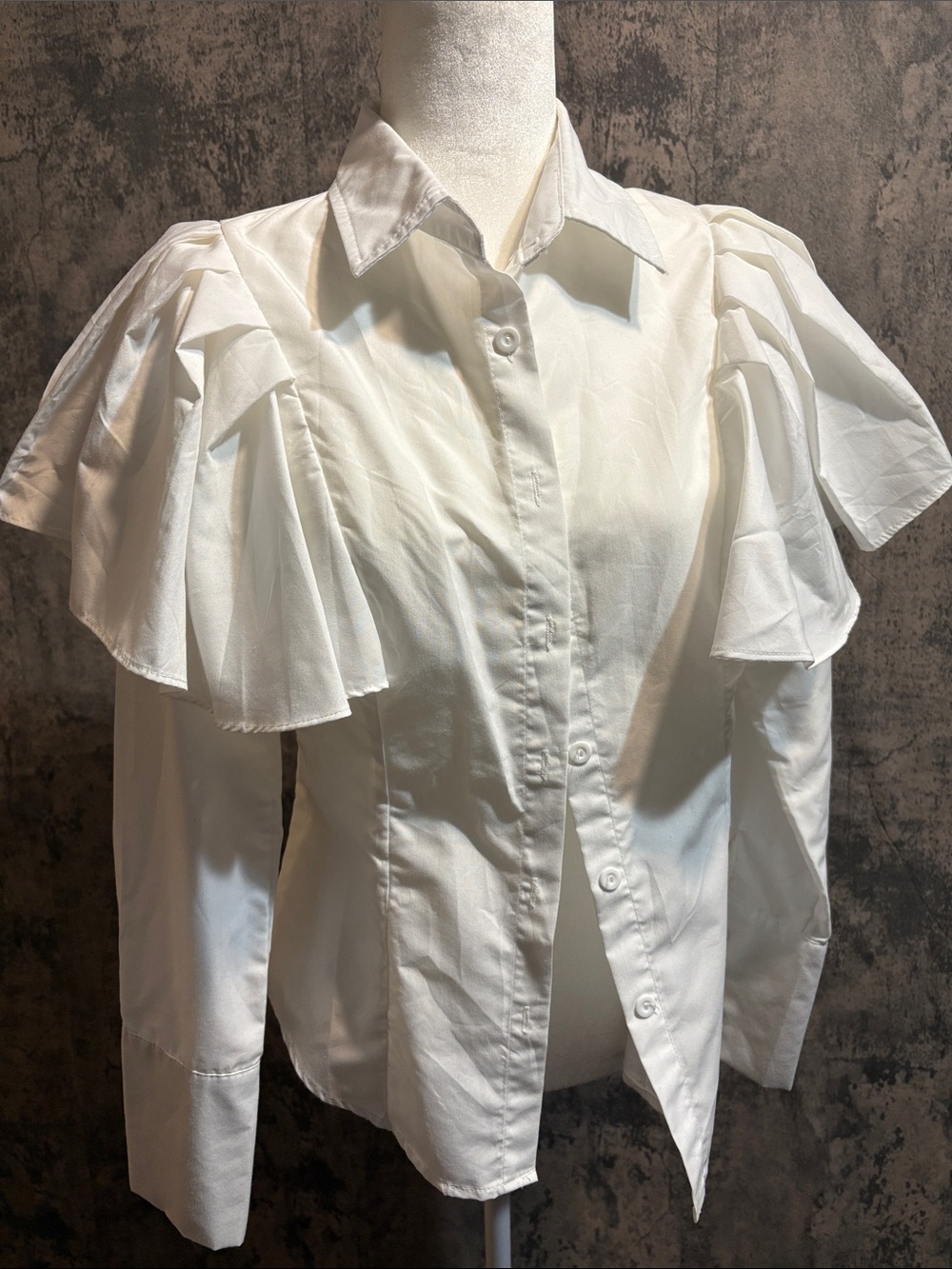 White Ruffled Shoulder Button-Front Women's Top